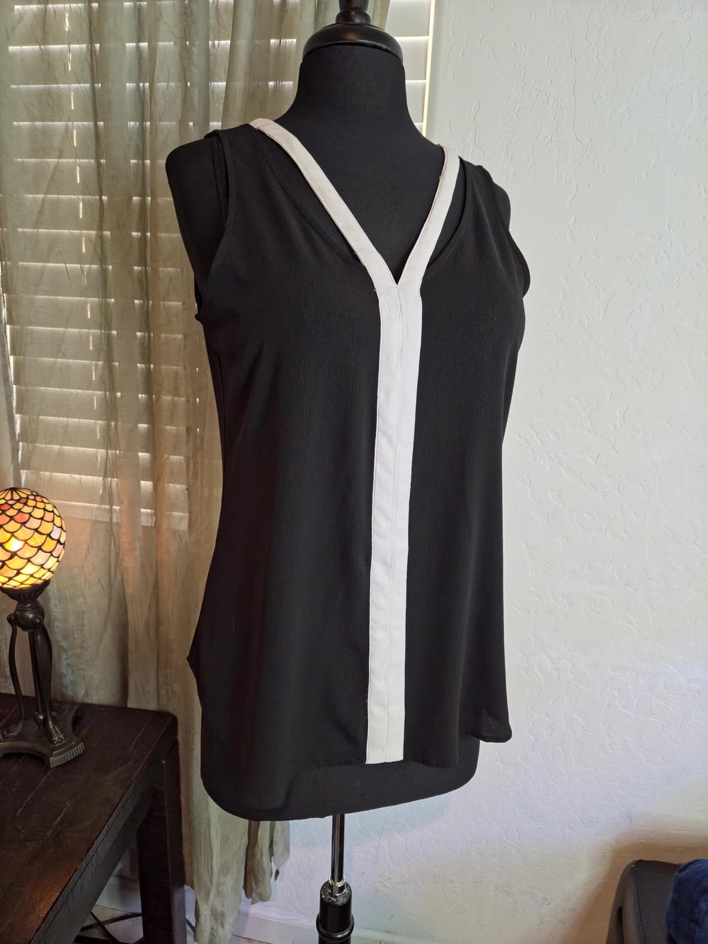 Candies Sleeveless Black V-Neck Top with White Trim #0395